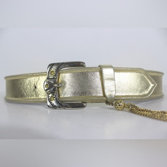 Eighties Gold Lamé Leather Belt with Gold Chain Tassel and Rhinestone Buckle - Picture 4 of 8
